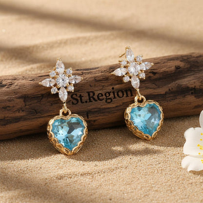 Blue Crystal and Cubic Zirconia Goldtone Star Heart Dangle Earrings, gold drop earrings for women, front view