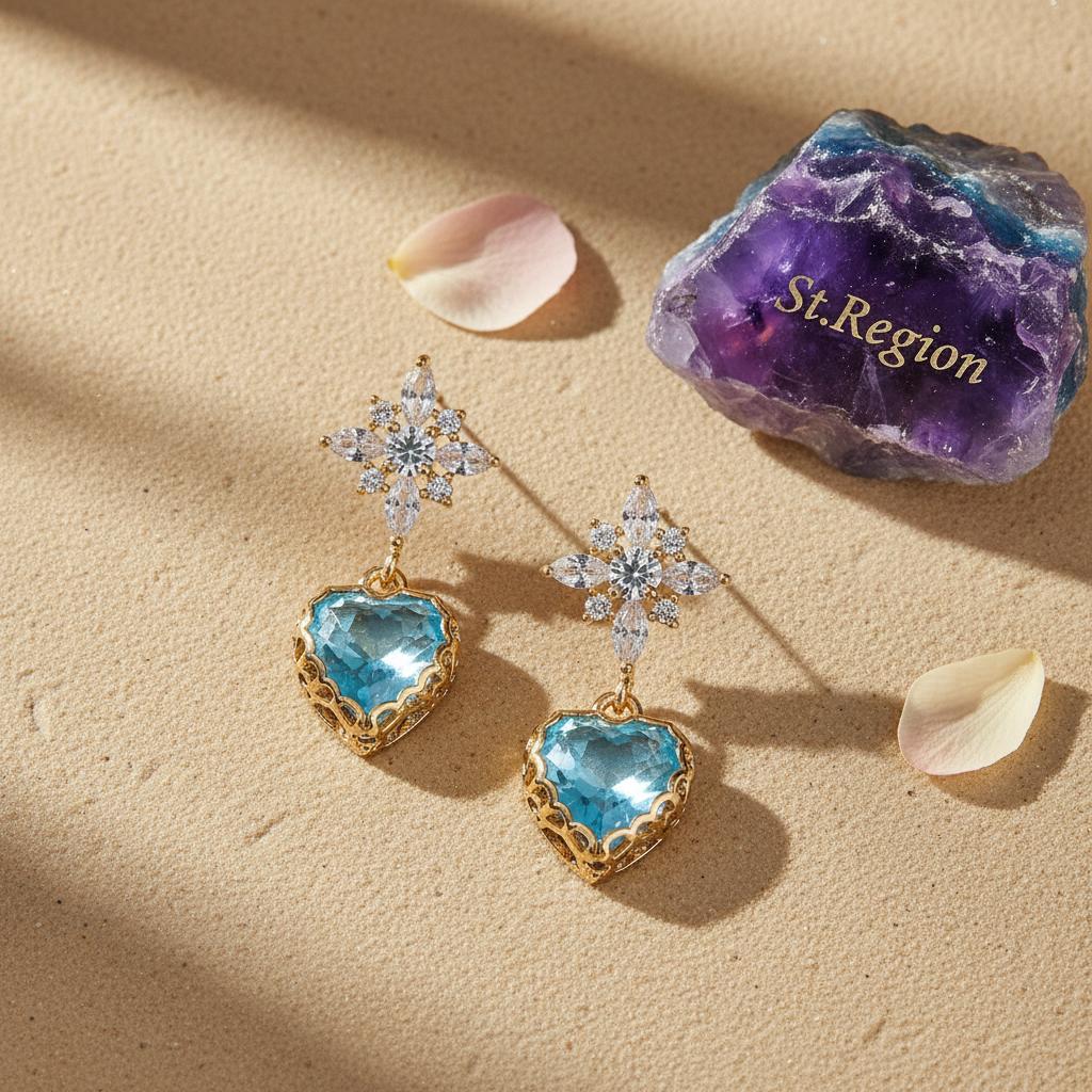 Blue Crystal and Cubic Zirconia Goldtone Star Heart Dangle Earrings, gold drop earrings for women, detail close-up