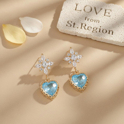 Blue Crystal and Cubic Zirconia Goldtone Star Heart Dangle Earrings, gold drop earrings for women, lifestyle look