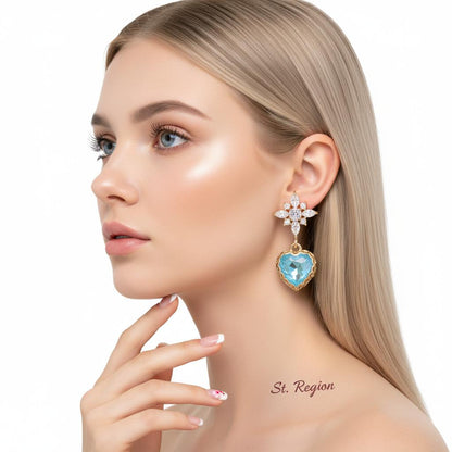 Blue Crystal and Cubic Zirconia Goldtone Star Heart Dangle Earrings, gold drop earrings for women, styled look