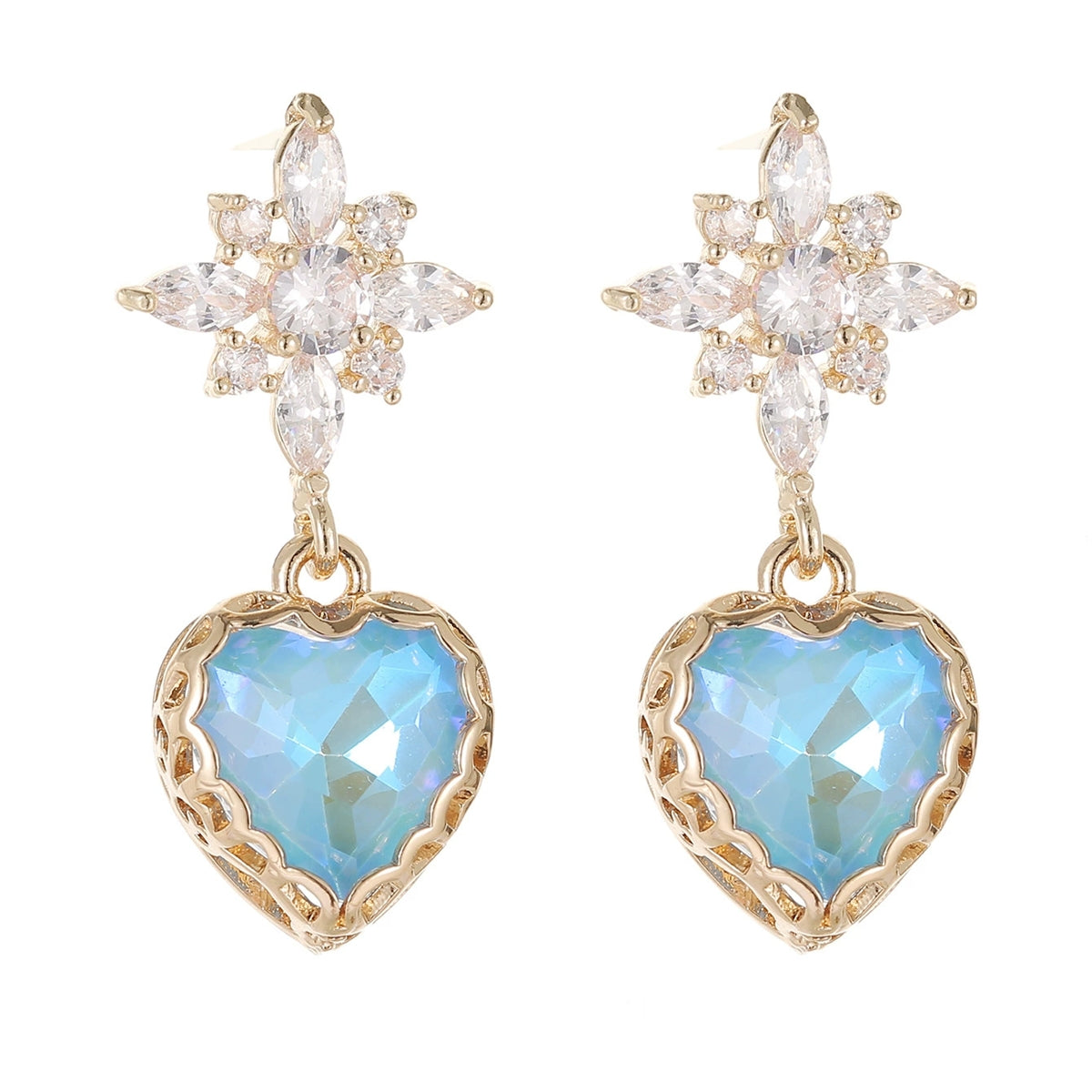 Blue Crystal & Cubic Zirconia Goldtone Star Heart Dangle Earrings