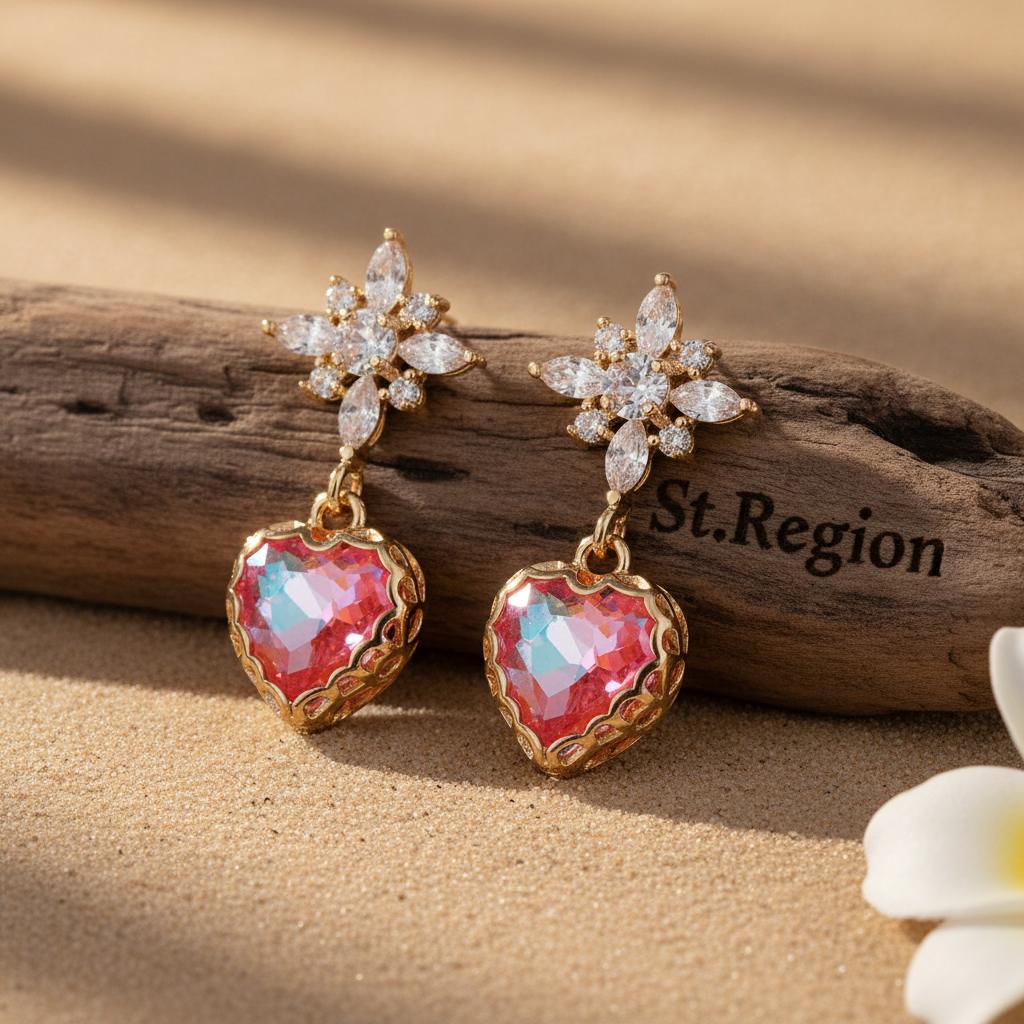Orange Crystal and Cubic Zirconia Goldtone Star Heart Dangle Earrings, gold drop earrings for women, front view