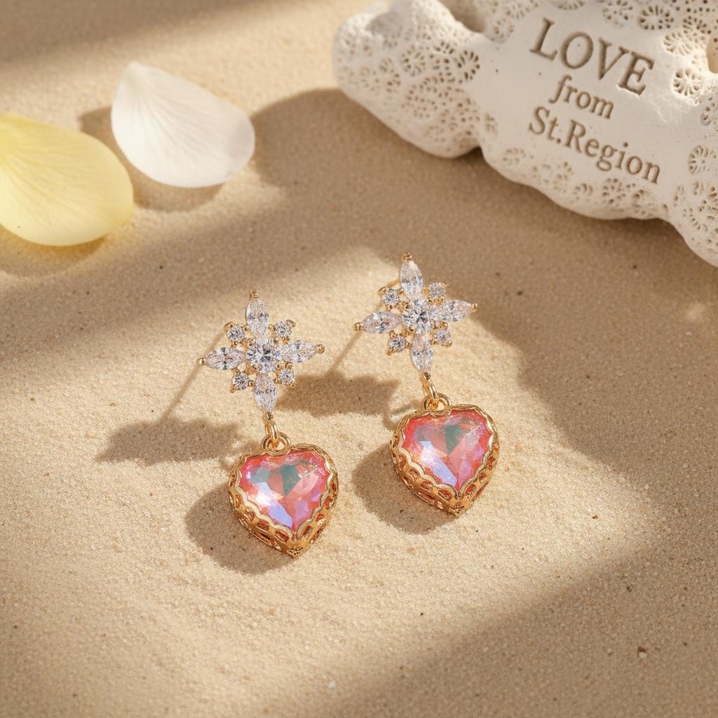 Orange Crystal and Cubic Zirconia Goldtone Star Heart Dangle Earrings, gold drop earrings for women, lifestyle look