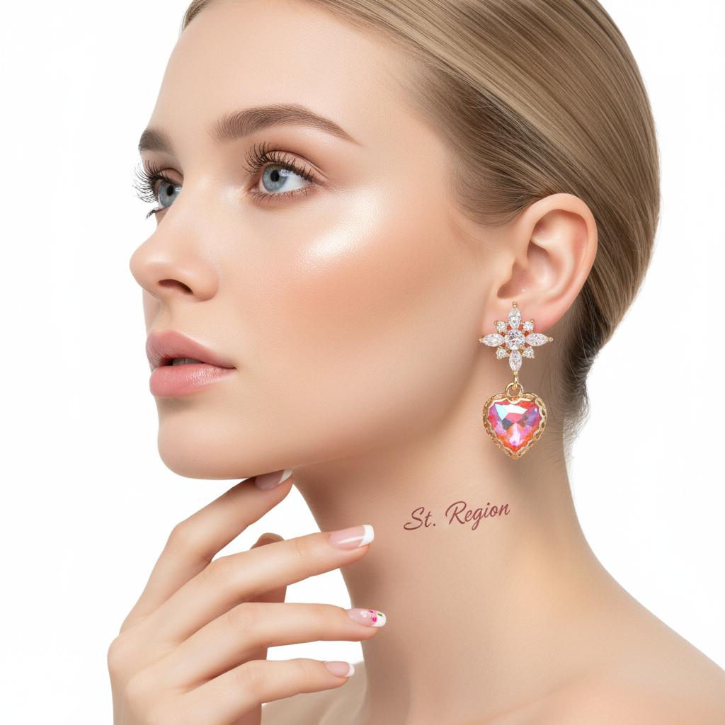 Orange Crystal and Cubic Zirconia Goldtone Star Heart Dangle Earrings, gold drop earrings for women, styled look