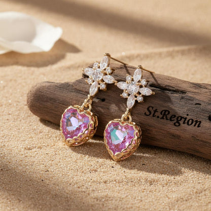 Purple Crystal and Cubic Zirconia Goldtone Star Heart Dangle Earrings, gold drop earrings for women, front view