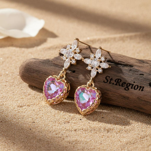 Purple Crystal & Cubic Zirconia Goldtone Star Heart Dangle Earrings