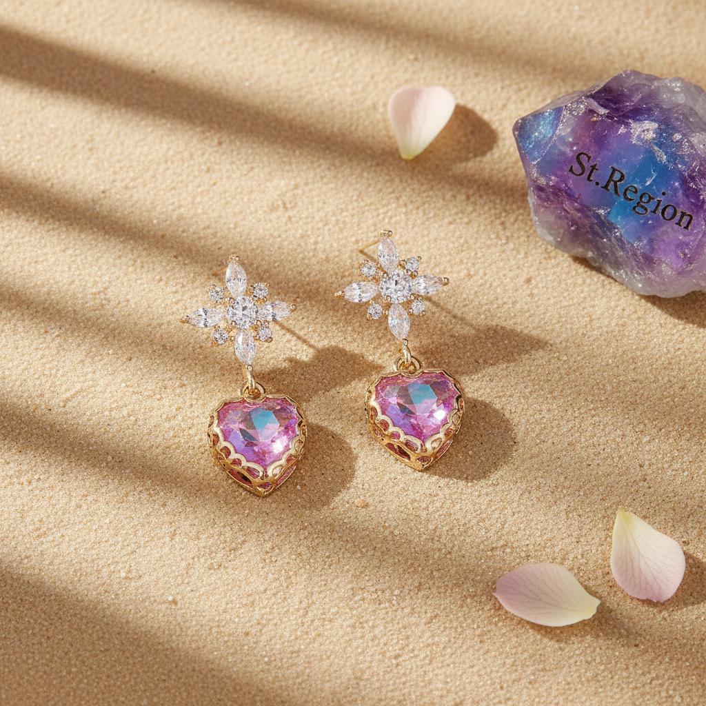 Purple Crystal and Cubic Zirconia Goldtone Star Heart Dangle Earrings, gold drop earrings for women, detail close-up