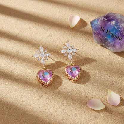 Purple Crystal and Cubic Zirconia Goldtone Star Heart Dangle Earrings, gold drop earrings for women, detail close-up