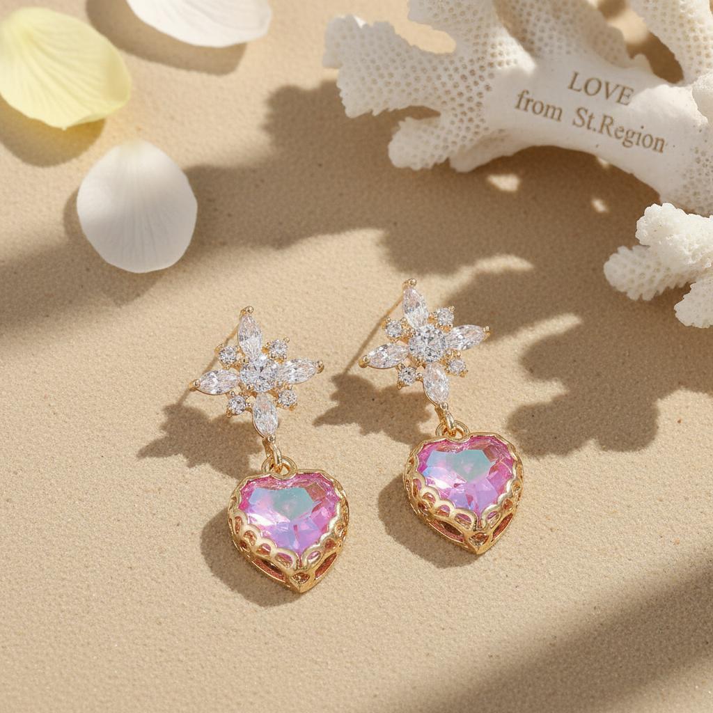 Purple Crystal and Cubic Zirconia Goldtone Star Heart Dangle Earrings, gold drop earrings for women, lifestyle look