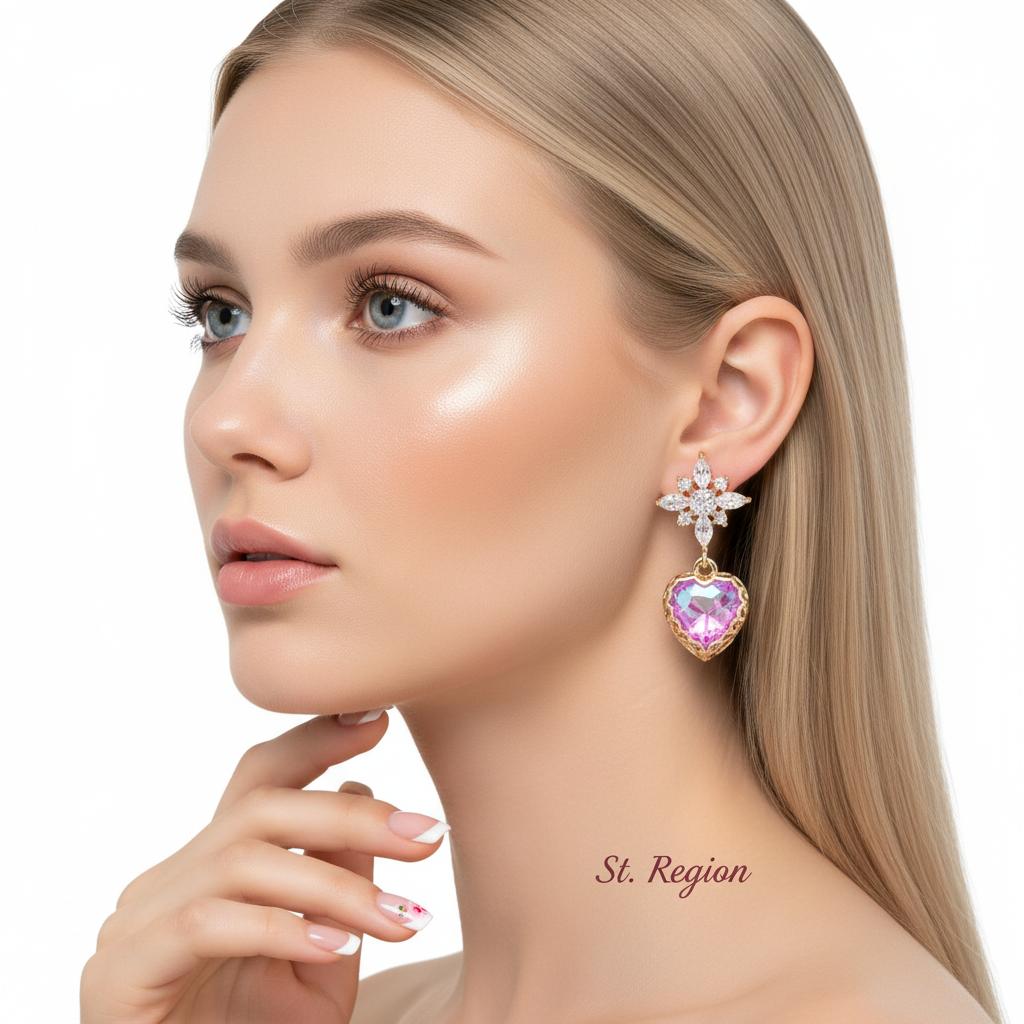 Purple Crystal and Cubic Zirconia Goldtone Star Heart Dangle Earrings, gold drop earrings for women, styled look