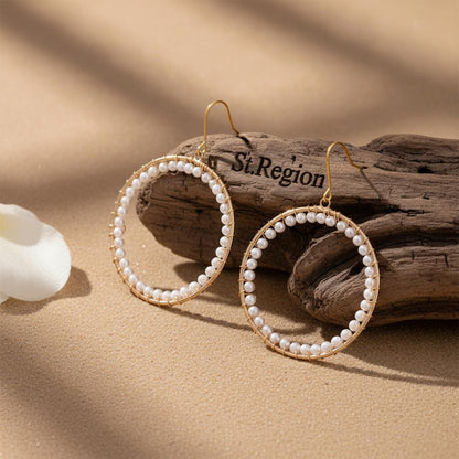 Pearl and Goldtone Beaded Hoop Hook Earrings, gold drop earrings for women, botanical inspired, front view
