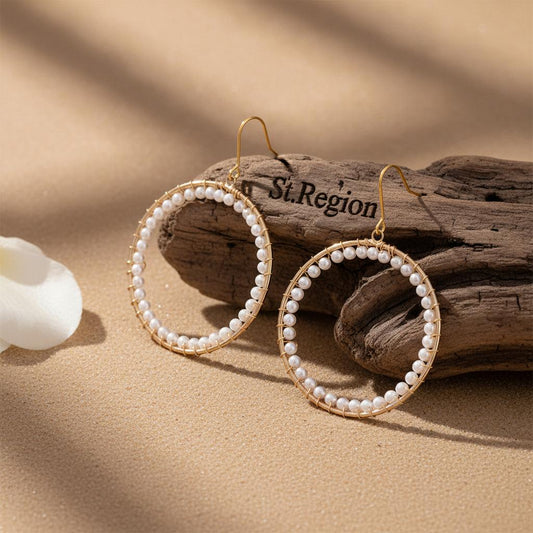 Pearl and Goldtone Beaded Hoop Hook Earrings, gold drop earrings for women, botanical inspired, front view