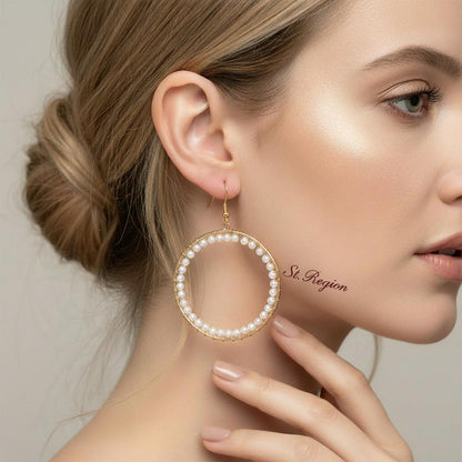 Pearl and Goldtone Beaded Hoop Hook Earrings, gold drop earrings for women, botanical inspired, styled look