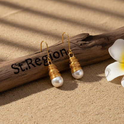 Pearl and Goldtone Wire-Wrapped Hook Earrings, gold drop earrings for women, elegant gift for her, front view