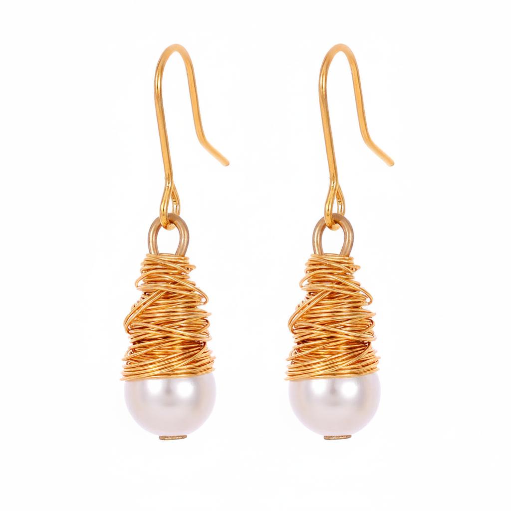 Pearl and Goldtone Wire-Wrapped Hook Earrings, gold drop earrings for women, elegant gift for her, side view