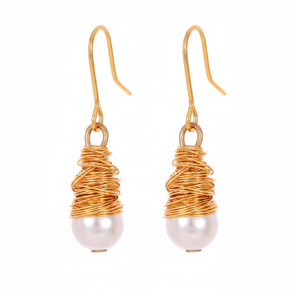 Pearl and Goldtone Wire-Wrapped Hook Earrings, gold drop earrings for women, elegant gift for her, side view