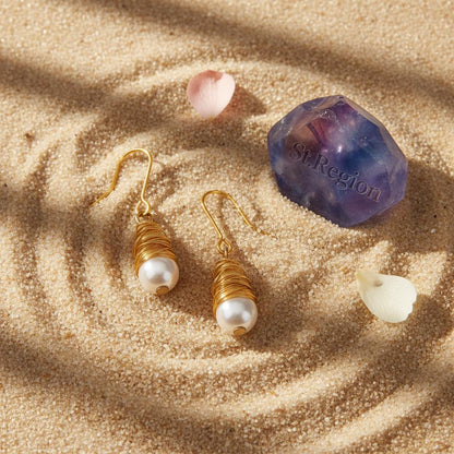 Pearl and Goldtone Wire-Wrapped Hook Earrings, gold drop earrings for women, elegant gift for her, detail close-up