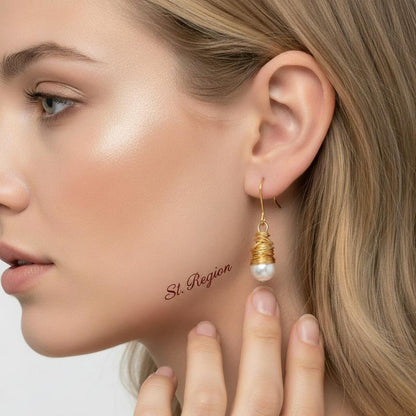 Pearl and Goldtone Wire-Wrapped Hook Earrings, gold drop earrings for women, elegant gift for her, styled look