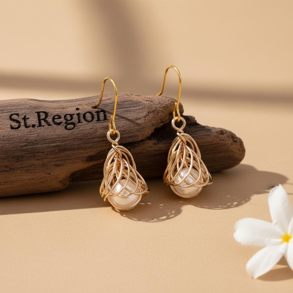 Pearl and Goldtone Sculptural Wire-Wrapped Hook Earrings, gold drop earrings for women, elegant gift for her, front view
