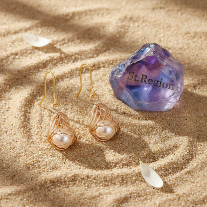 Pearl and Goldtone Sculptural Wire-Wrapped Hook Earrings, gold drop earrings for women, elegant gift for her, detail close-up