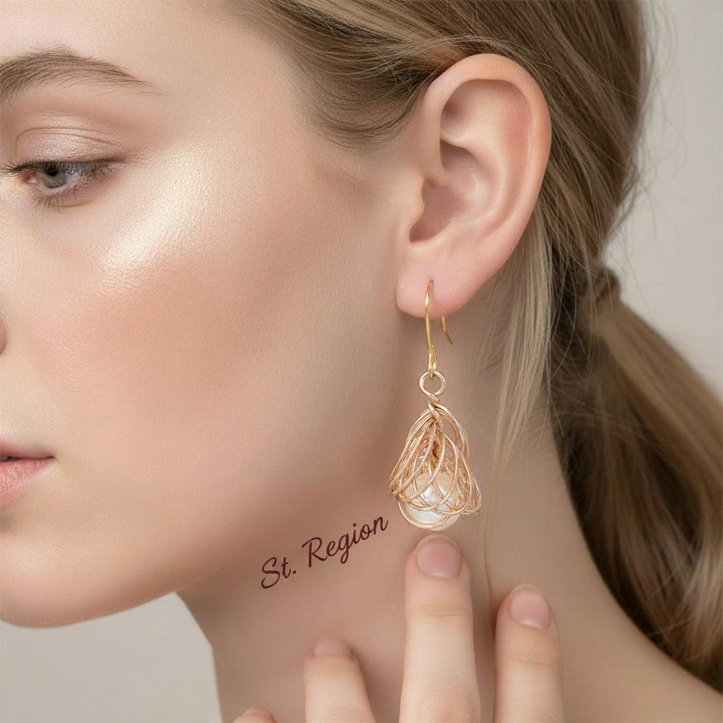 Pearl and Goldtone Sculptural Wire-Wrapped Hook Earrings, gold drop earrings for women, elegant gift for her, styled look