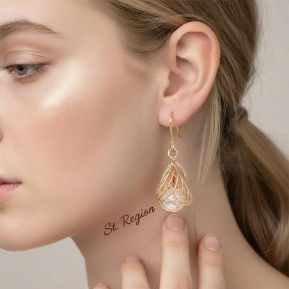 Pearl and Goldtone Sculptural Wire-Wrapped Hook Earrings, gold drop earrings for women, elegant gift for her, styled look