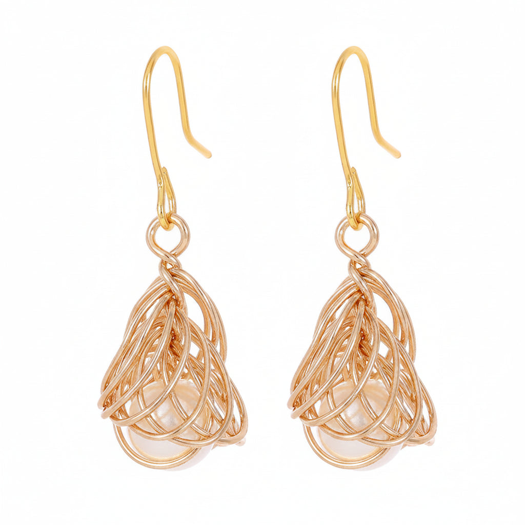 Pearl & Goldtone Sculptural Wire-Wrapped Hook Earrings - Street Region