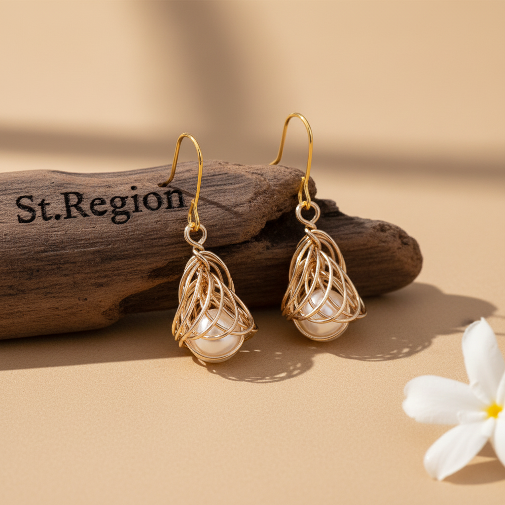 Pearl & Goldtone Sculptural Wire-Wrapped Hook Earrings - Street Region