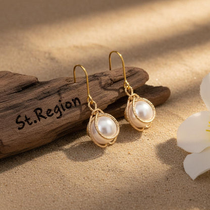 Pearl and Goldtone Textured Cage Hook Earrings, gold drop earrings for women, vintage-inspired design, front view