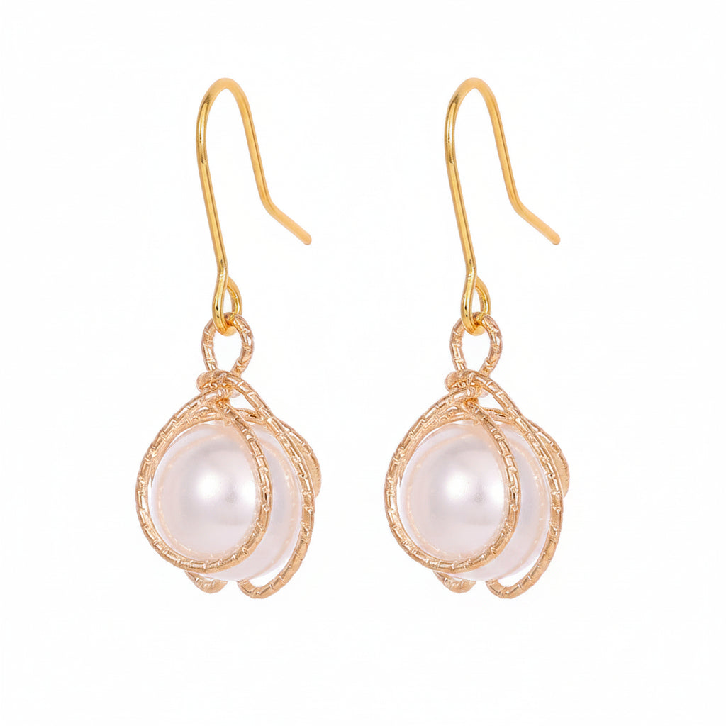 Pearl & Goldtone Textured Cage Hook Earrings - Street Region