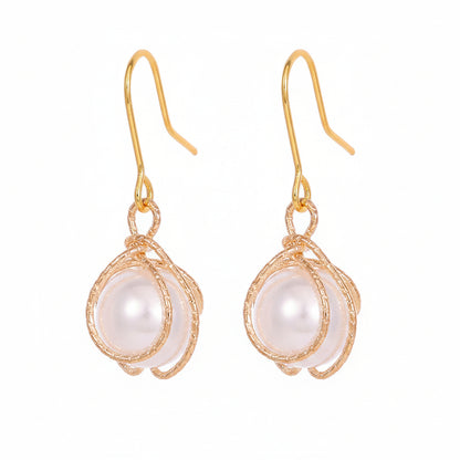 Pearl & Goldtone Textured Cage Hook Earrings - Street Region