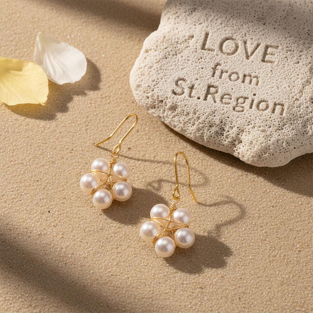 Pearl and Goldtone Geometric Floral Hook Earrings, gold drop earrings for women, botanical inspired, lifestyle look