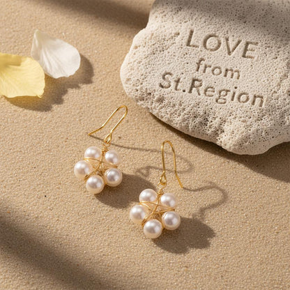 Pearl and Goldtone Geometric Floral Hook Earrings, gold drop earrings for women, botanical inspired, lifestyle look
