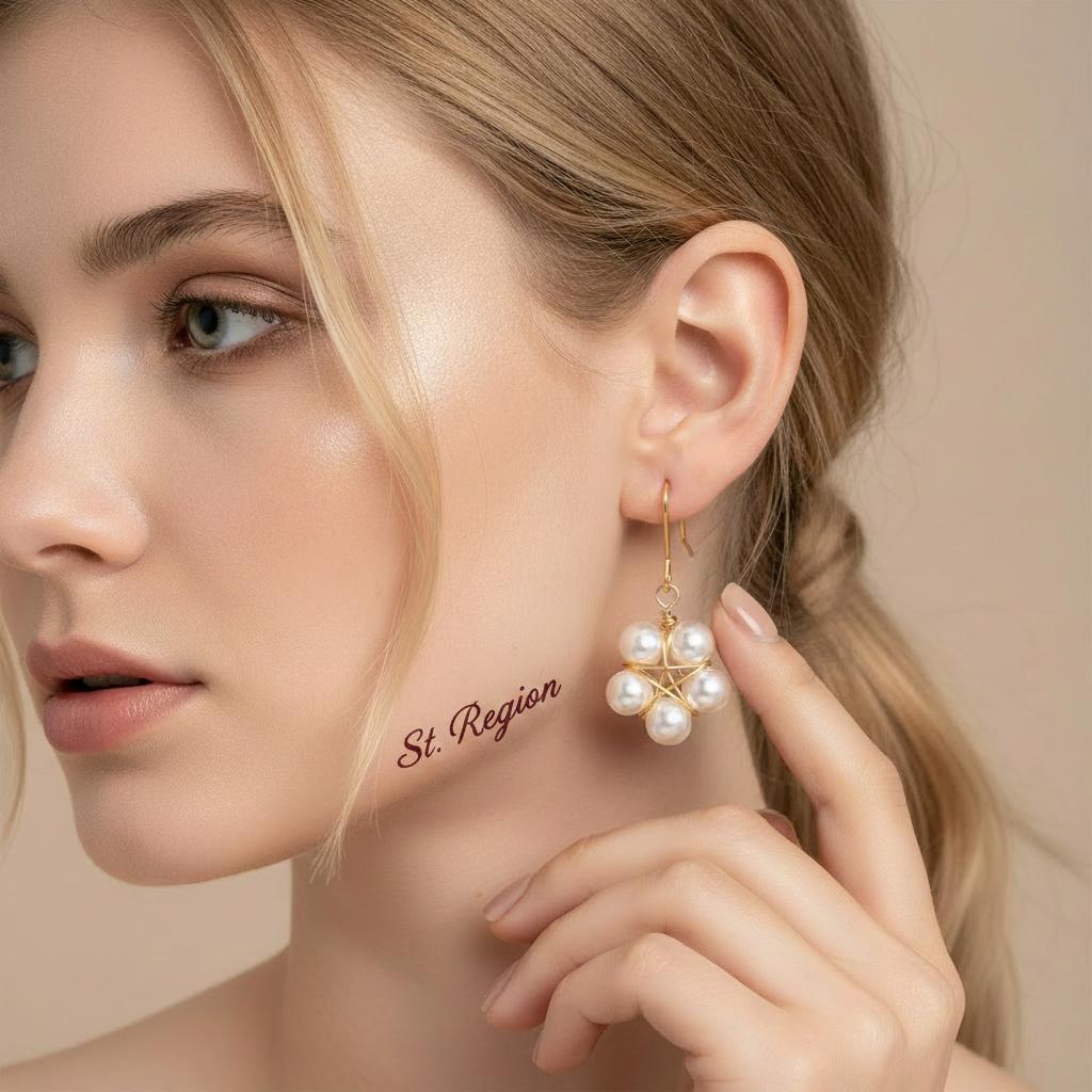 Pearl and Goldtone Geometric Floral Hook Earrings, gold drop earrings for women, botanical inspired, styled look
