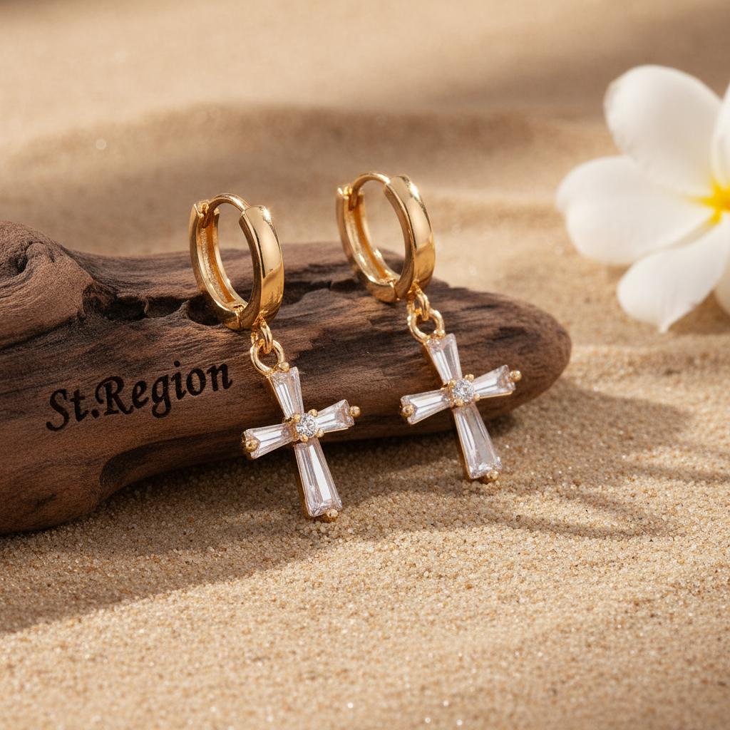 Cubic Zirconia and Goldtone Cross Huggie Earrings, gold huggie earrings, vintage-inspired design, front view