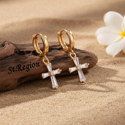 Cubic Zirconia and Goldtone Cross Huggie Earrings, gold huggie earrings, vintage-inspired design, front view