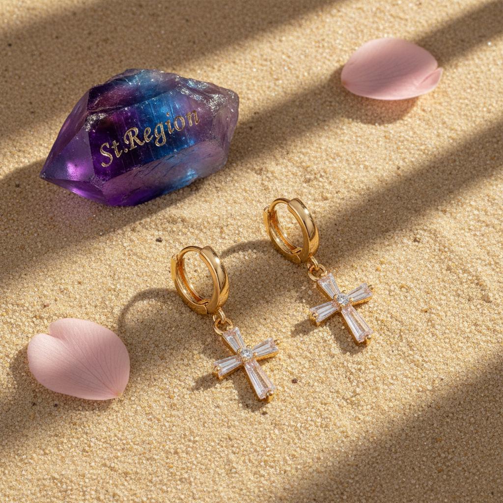 Cubic Zirconia and Goldtone Cross Huggie Earrings, gold huggie earrings, vintage-inspired design, detail close-up
