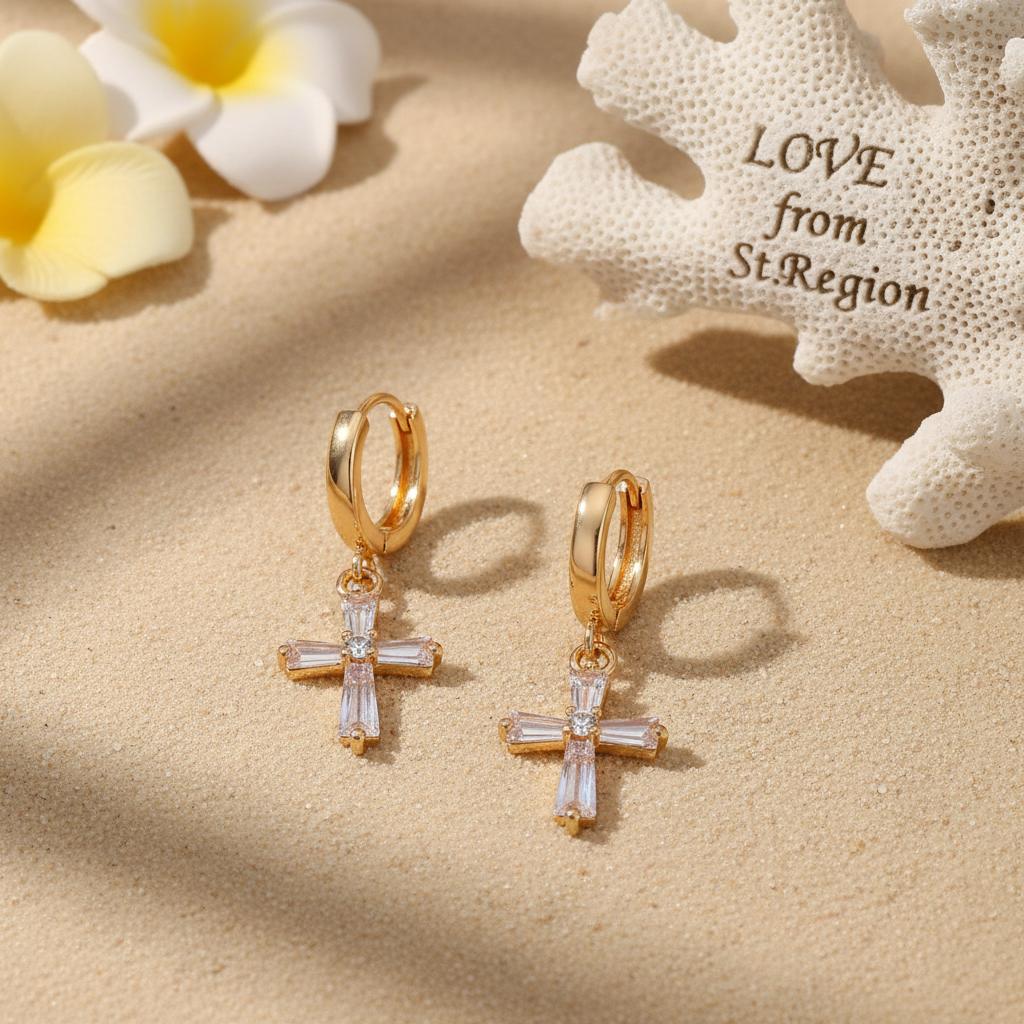 Cubic Zirconia and Goldtone Cross Huggie Earrings, gold huggie earrings, vintage-inspired design, lifestyle look