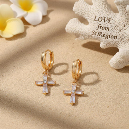 Cubic Zirconia and Goldtone Cross Huggie Earrings, gold huggie earrings, vintage-inspired design, lifestyle look