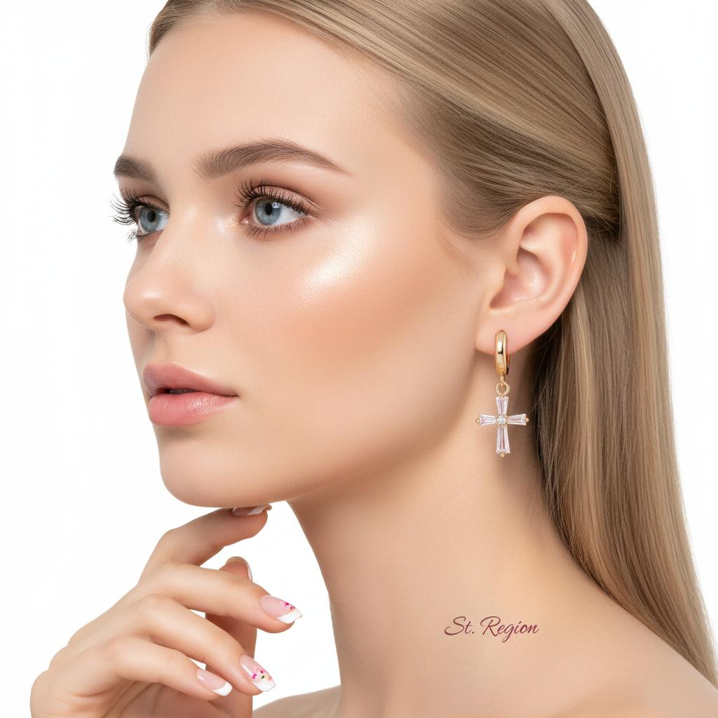 Cubic Zirconia and Goldtone Cross Huggie Earrings, gold huggie earrings, vintage-inspired design, styled look