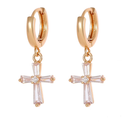 Cubic Zirconia & Goldtone Cross Huggie Earrings