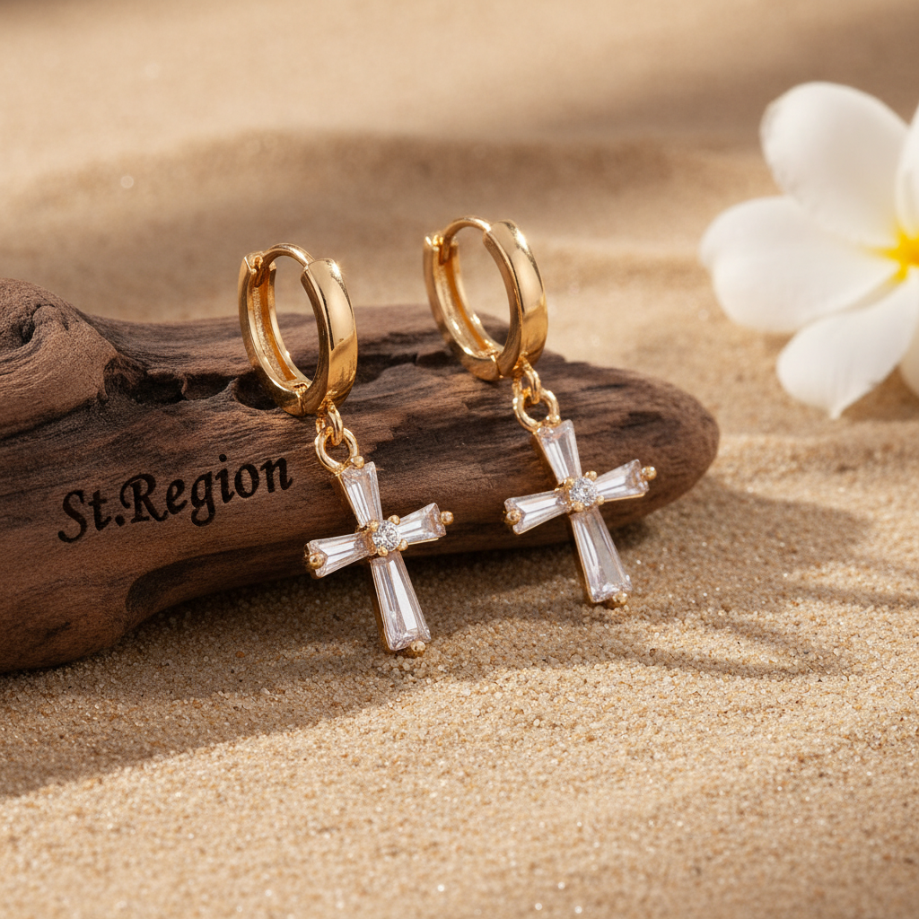Cubic Zirconia & Goldtone Cross Huggie Earrings - Street Region