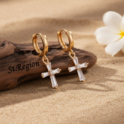 Cubic Zirconia & Goldtone Cross Huggie Earrings - Street Region