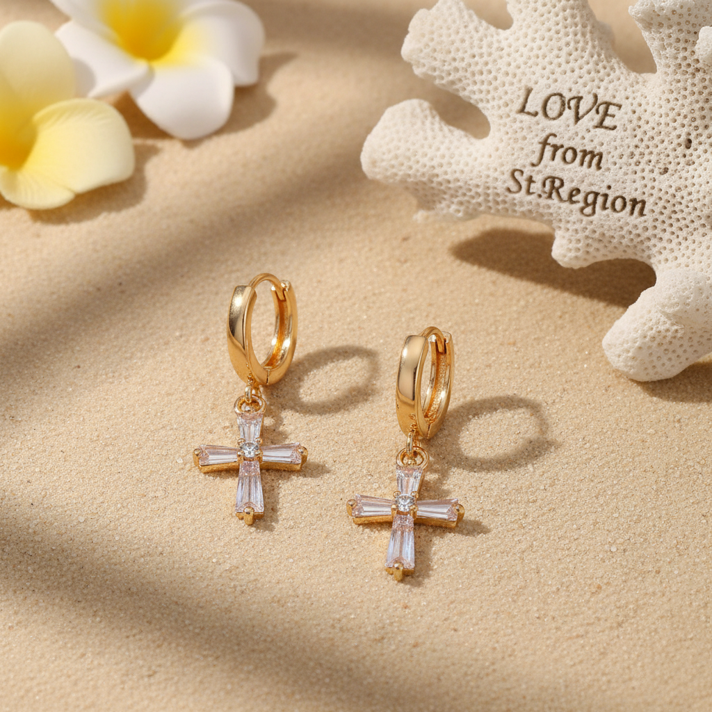 Cubic Zirconia & Goldtone Cross Huggie Earrings - Street Region