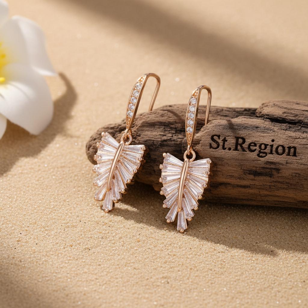 Cubic Zirconia and Goldtone Leaf Hook Earrings, gold drop earrings for women, dainty minimalist design, front view