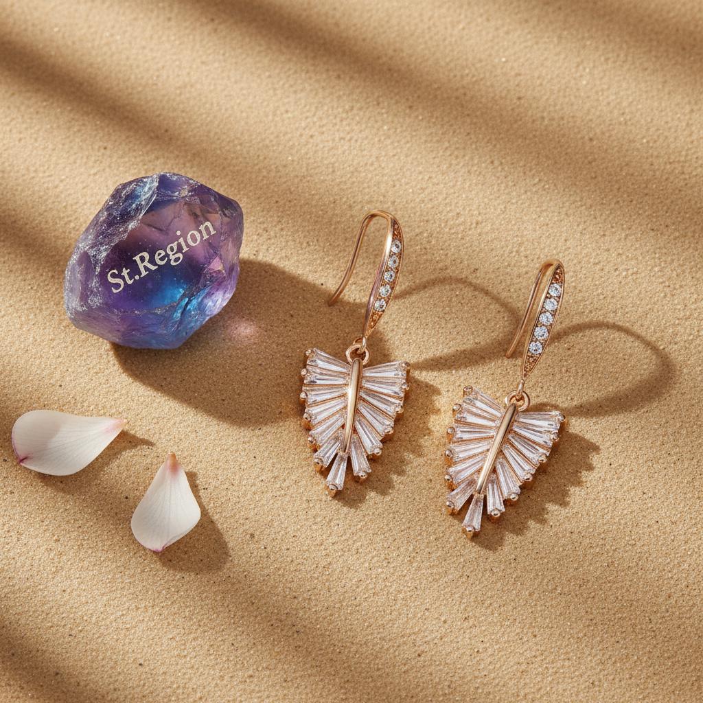 Cubic Zirconia and Goldtone Leaf Hook Earrings, gold drop earrings for women, dainty minimalist design, detail close-up