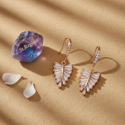 Cubic Zirconia and Goldtone Leaf Hook Earrings, gold drop earrings for women, dainty minimalist design, detail close-up