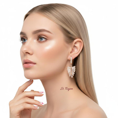 Cubic Zirconia and Goldtone Leaf Hook Earrings, gold drop earrings for women, dainty minimalist design, styled look
