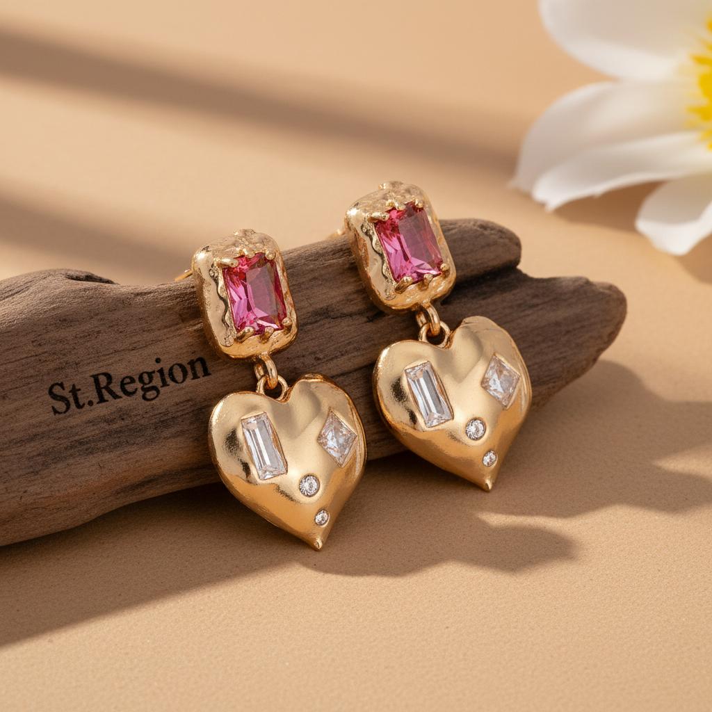 Pink Crystal and Cubic Zirconia Goldtone Heart Dangle Earrings, gold drop earrings for women, botanical inspired, front view