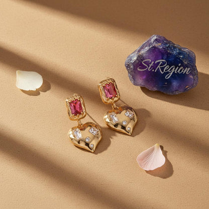 Pink Crystal and Cubic Zirconia Goldtone Heart Dangle Earrings, gold drop earrings for women, detail close-up